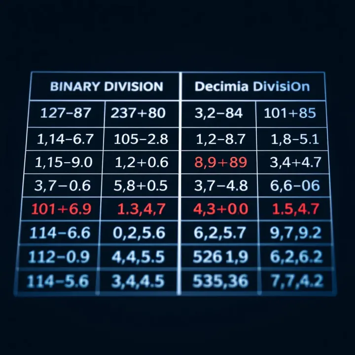 Comparison chart showing binary division steps alongside equivalent decimal division steps
