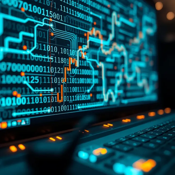 Binary Code in Digital Data Processing and Communication Illustration depicting data flow and digital circuits using binary code