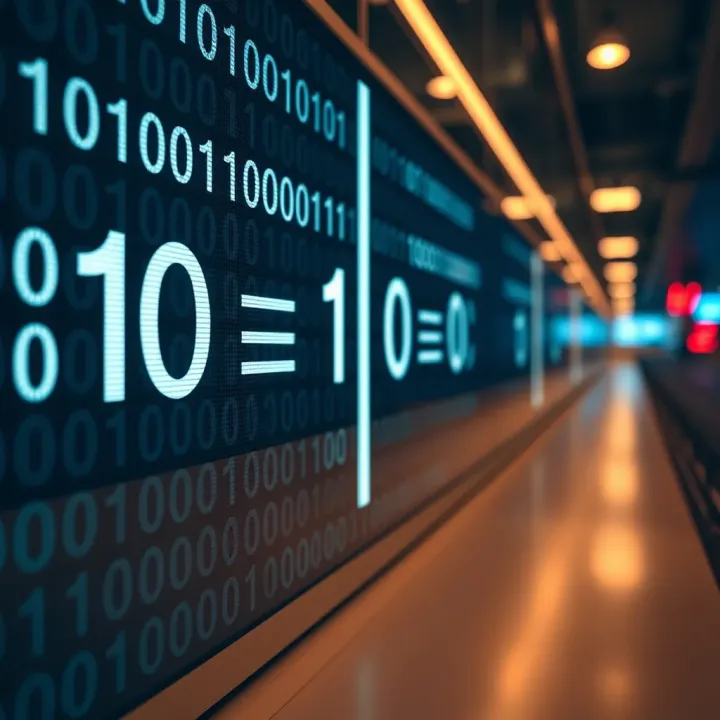 Illustration showing binary division on a digital board with division signs and binary digits