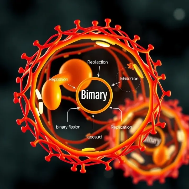 Diagram illustrating the stages of binary fission in a prokaryotic cell including DNA replication and cell division