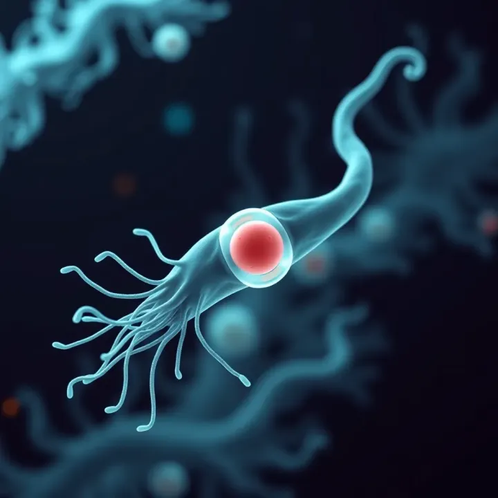 Amoeba Undergoing Nuclear Division in Binary Fission Illustration showing an amoeba elongating and its nucleus dividing during binary fission