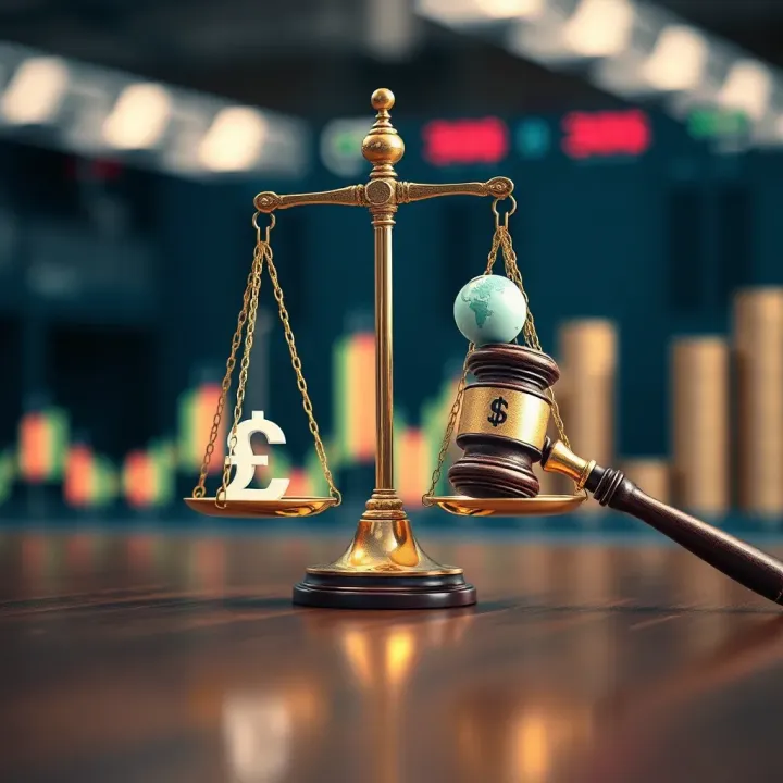 Illustration showing a legal scale balancing a digital currency symbol and a gavel representing the legal environment of binary options in Pakistan
