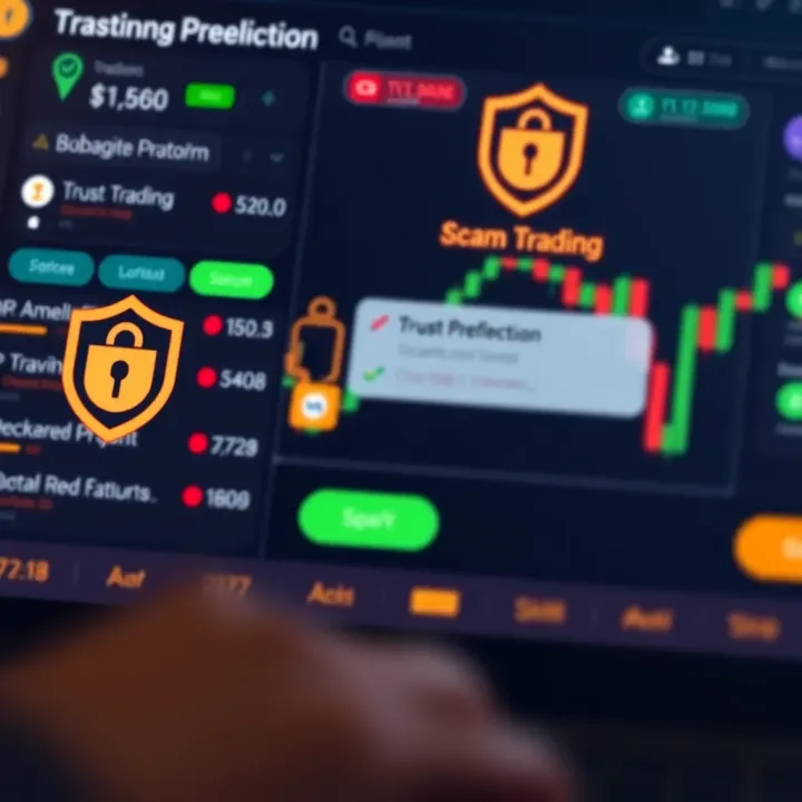 Graphic showing a secure trading platform interface highlighting trust indicators and scam prevention features