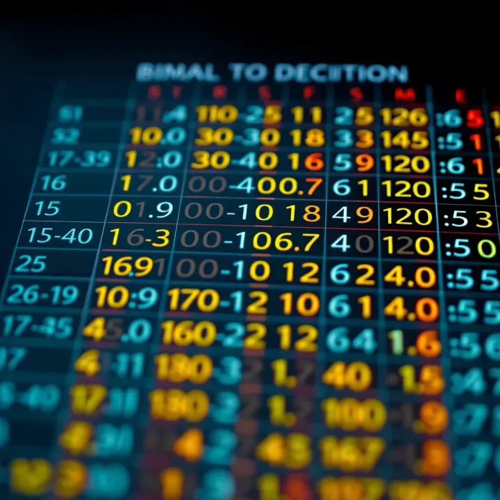 Detailed binary to decimal conversion chart showing binary digits and their decimal equivalents