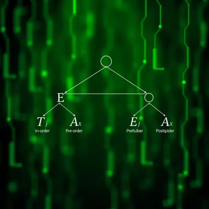 Illustration depicting different methods of traversing a binary tree including in-order, pre-order, and post-order paths