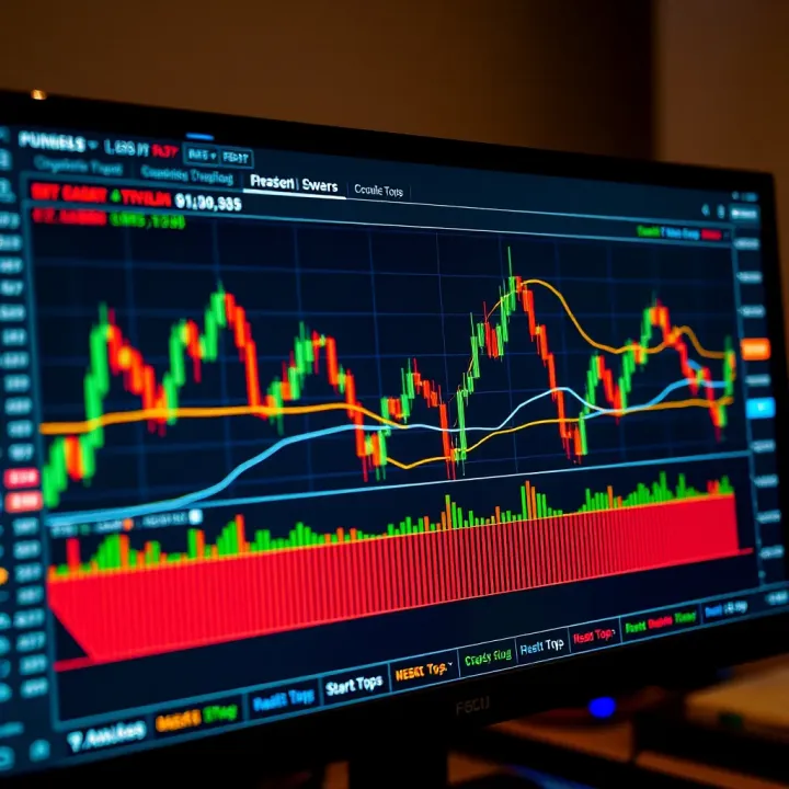Detailed illustration of common cryptocurrency chart patterns like head and shoulders and double tops on a trading screen
