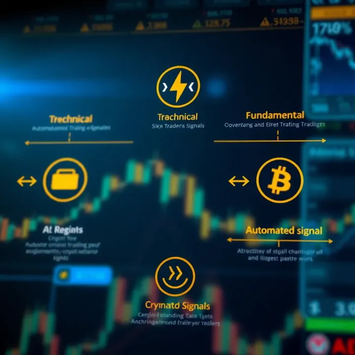 Diagram illustrating types of crypto trading signals including technical, fundamental, and automated signals