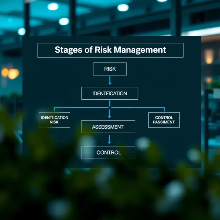 Flowchart displaying stages of risk management including identification, assessment, and control
