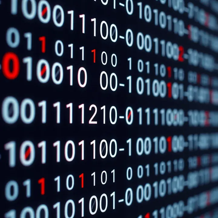 Binary Code Representation of Text Characters Binary code sequence illustrating the conversion of text characters into zeros and ones