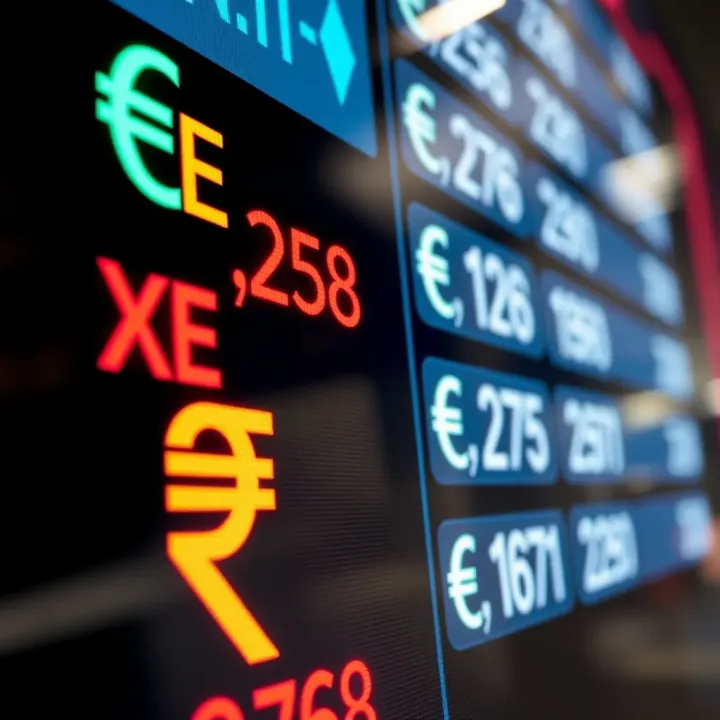 Illustration of currency symbols and a digital screen displaying live exchange rates for Pakistan Rupee
